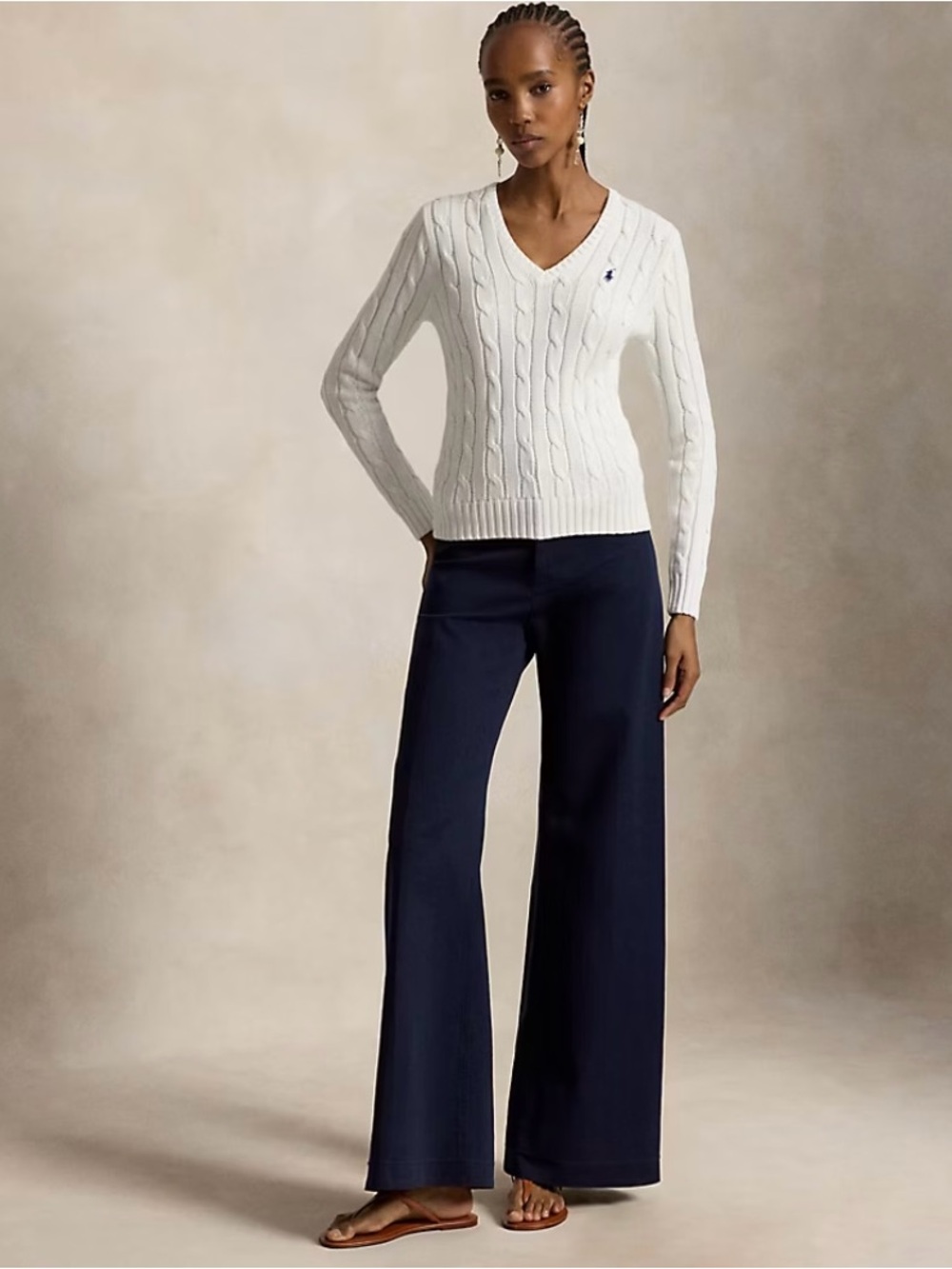 Ralph Lauren Cream Cable-Knit V-Neck Sweater - Picture 3 of 16
